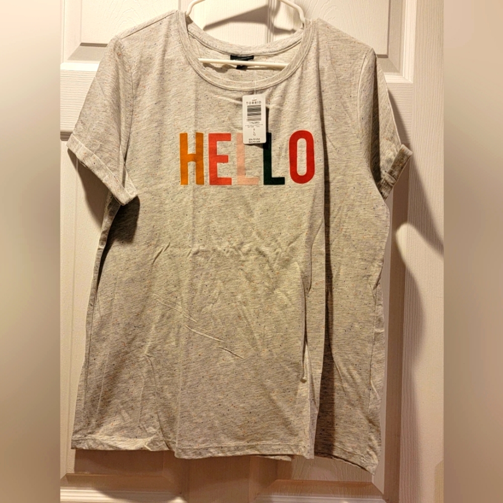 Women's Torrid Brand, t-shirt, "Hello" gray with speckled colors, NWT, Size 0